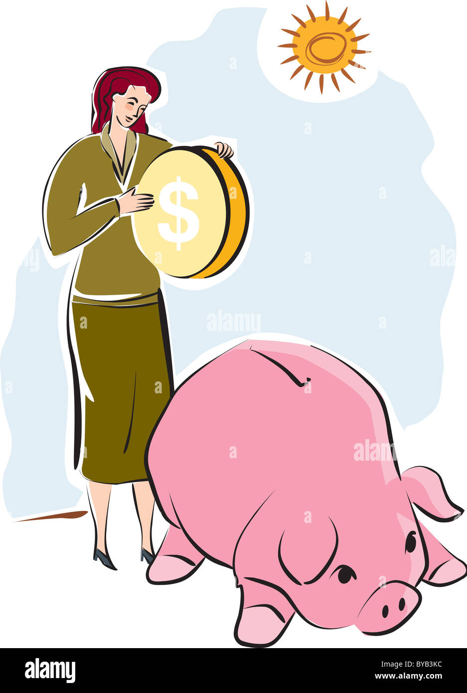 A woman putting a large coin into a piggy bank Stock Photo - Alamy