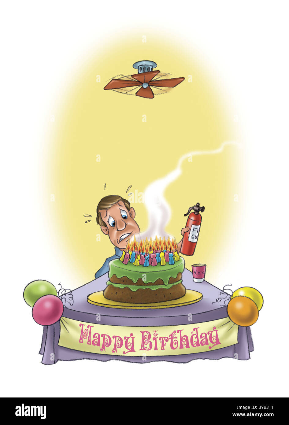 A man with a fire extinguisher and a birthday cake filled with candles Stock Photo - Alamy