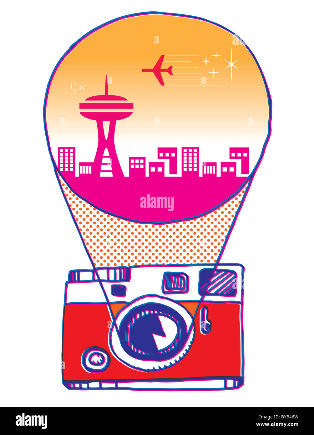 Illustration of a camera projecting a city scene Stock Photo