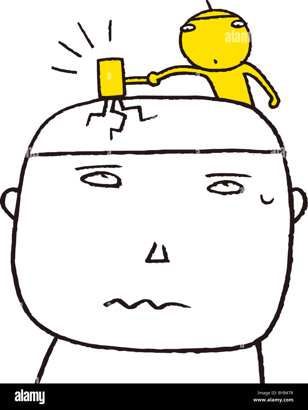 A small yellow figure hitting a man on the head with a hammer Stock