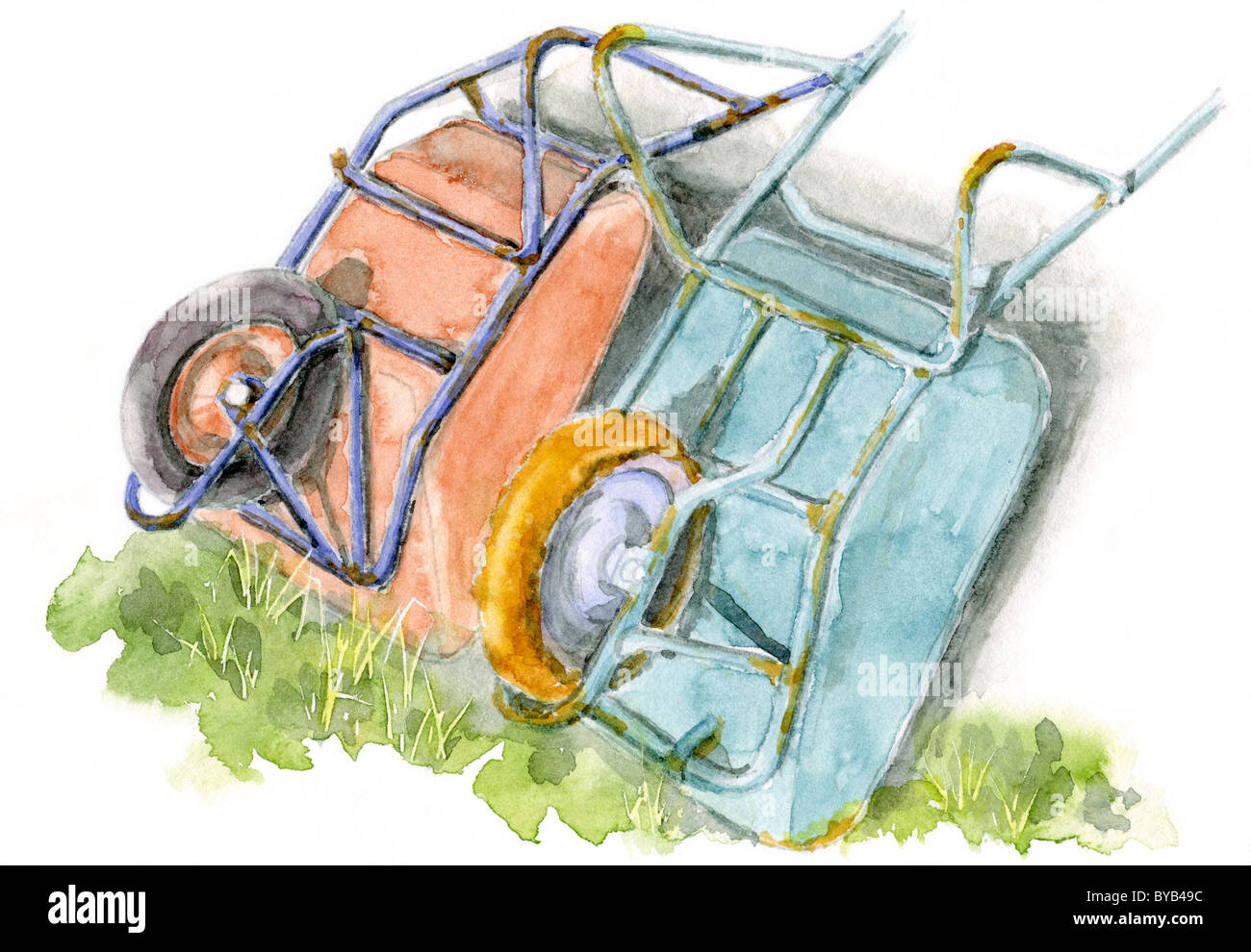 Painting of two wheelbarrows leaning against a wall Stock Photo Alamy