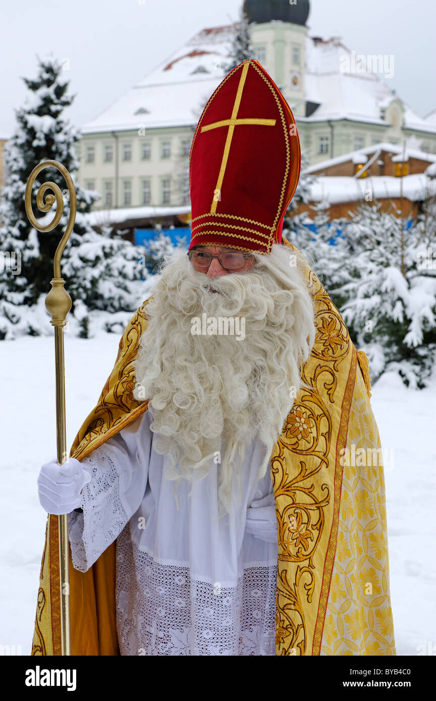 Saint Nicholas, Santa Claus, wearing a mitre, Kapellplatz square, Altoetting, Upper Bavaria, Germany, Europe Stock Photo