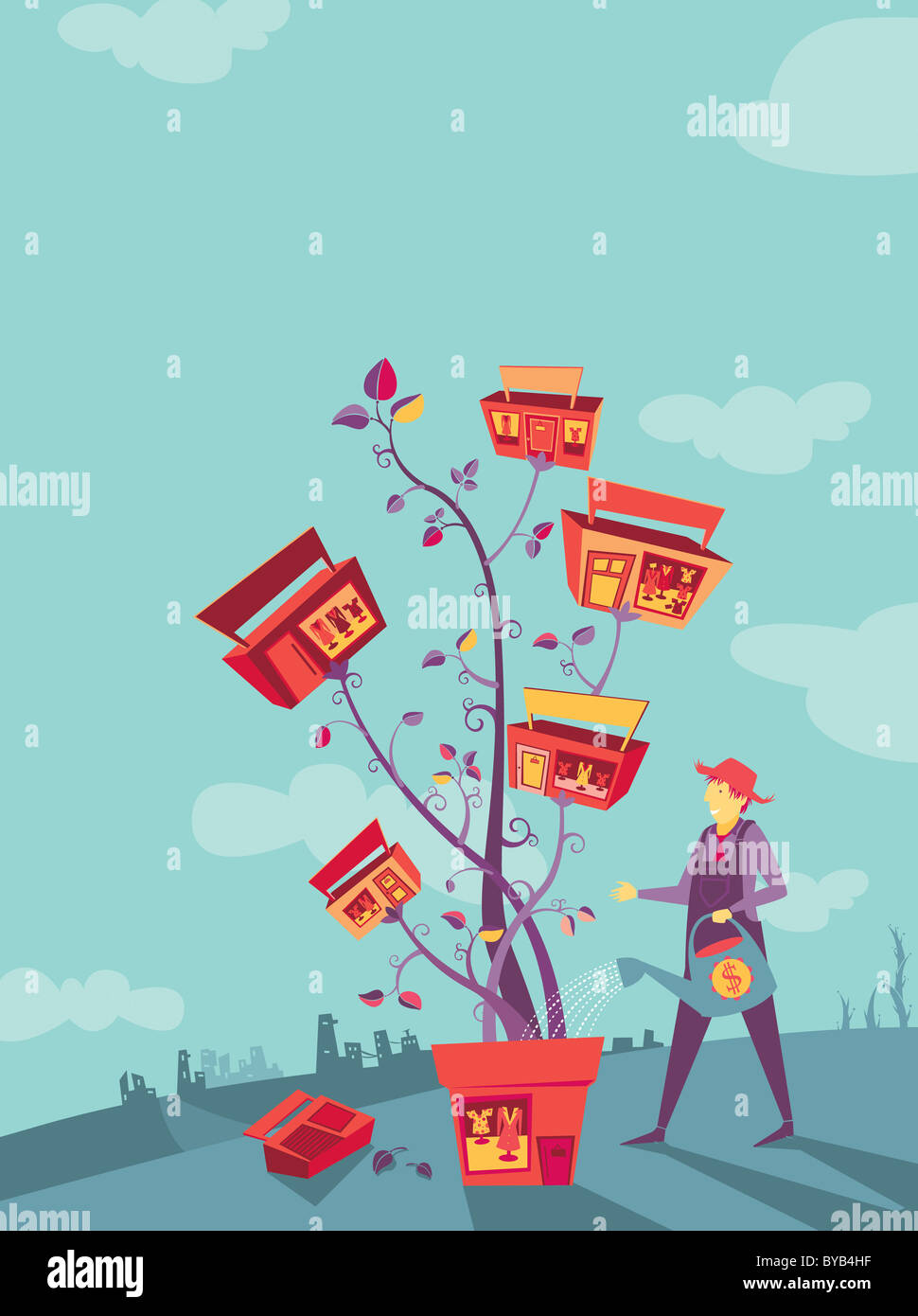 A woman watering a tree growing businesses Stock Photo Alamy