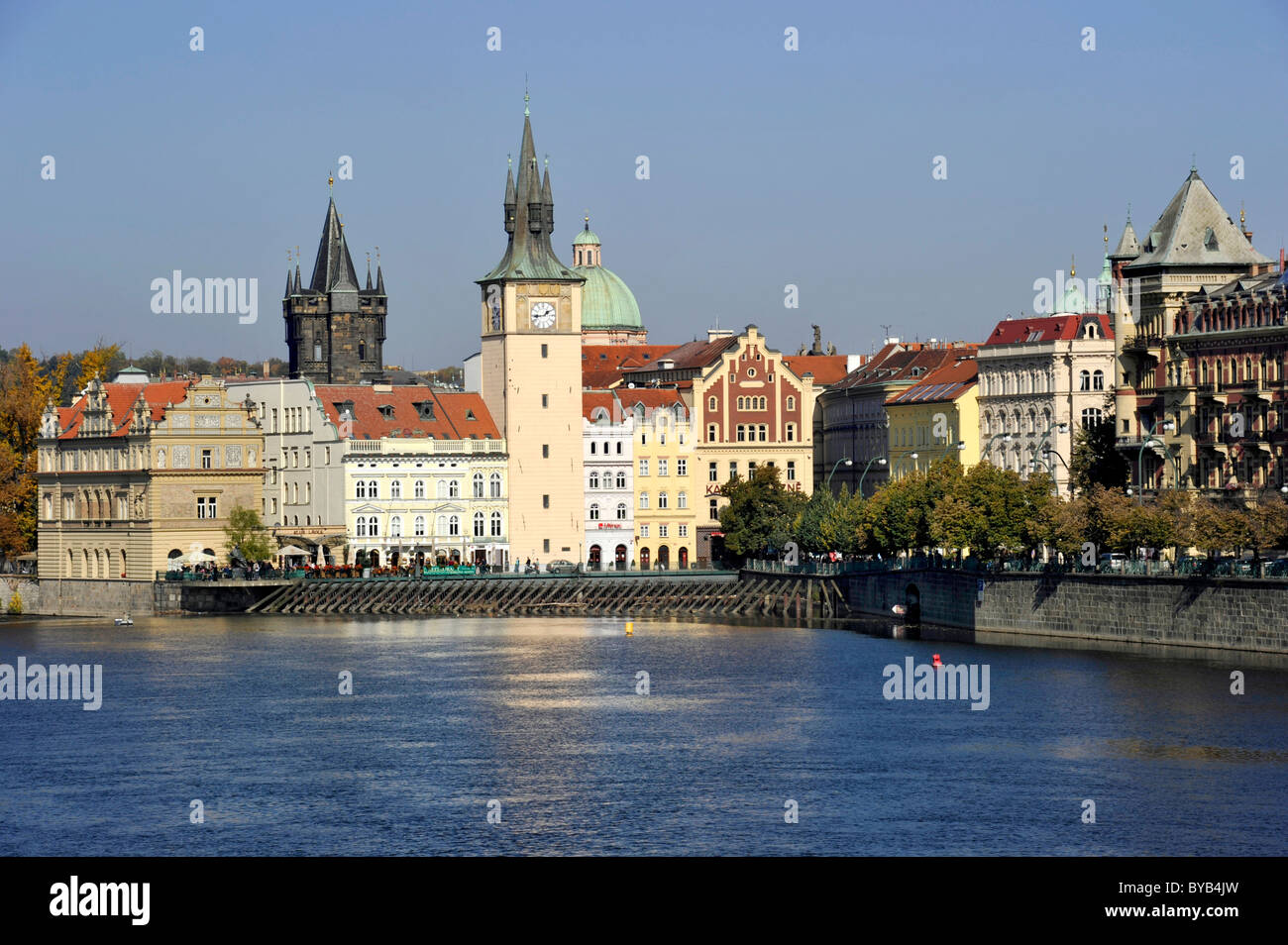 Vltava river, Smetana Museum in the former waterworks, the Old Town Bridge Tower, water tower, dome of the Cross Church, Prague Stock Photo