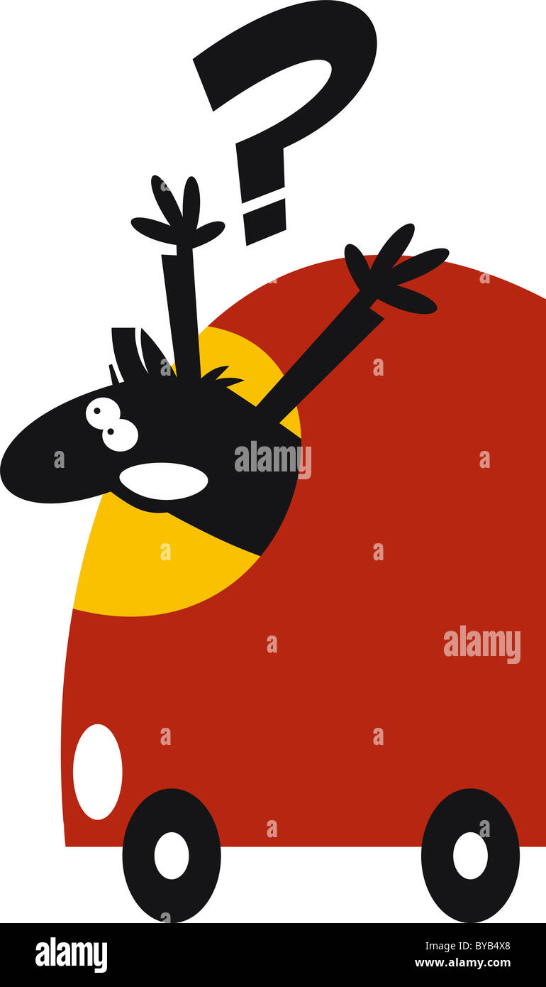 A man in a car with his hands out and a question mark above him Stock