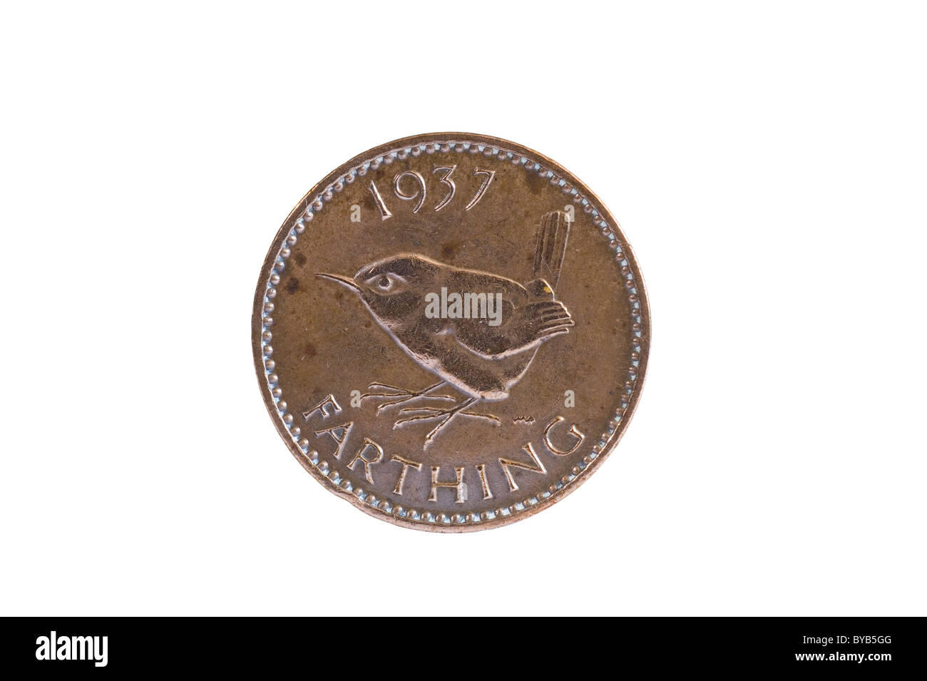 Reverse side of a British UK 1937 Farthing coin money. Stock Photo