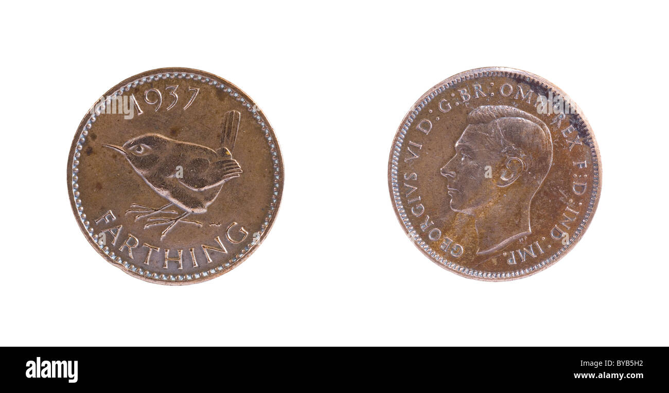 Obverse and reverse sides of a 1937 English Farthing Stock Photo