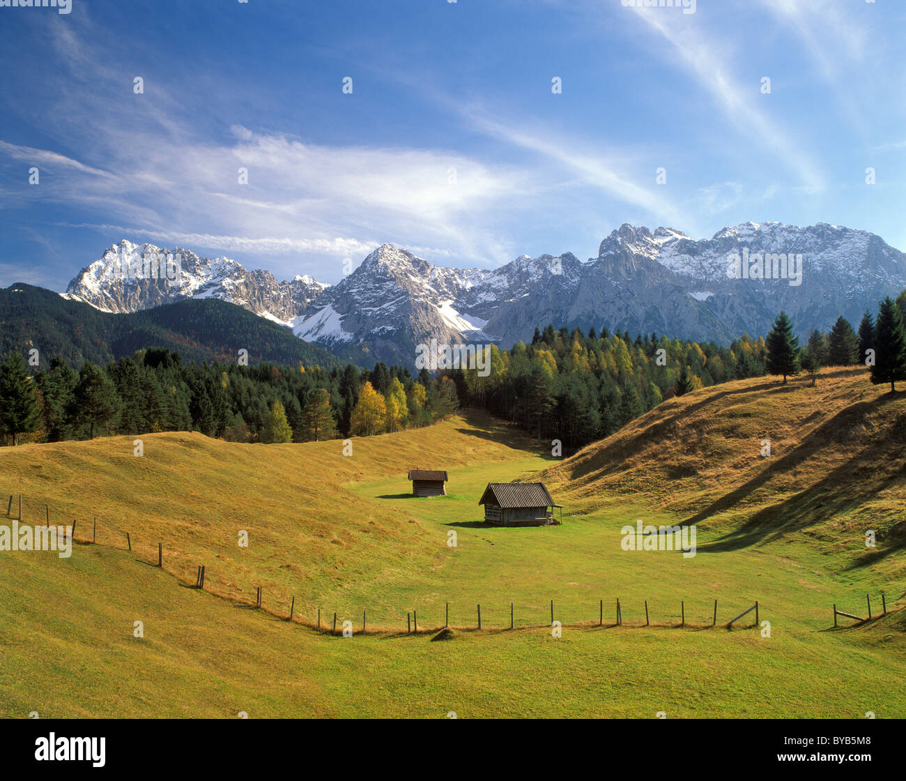 Humocky meadows near Klais in front of the Karwendelgebirge range, Upper Bavaria, Germany, Europe Stock Photo