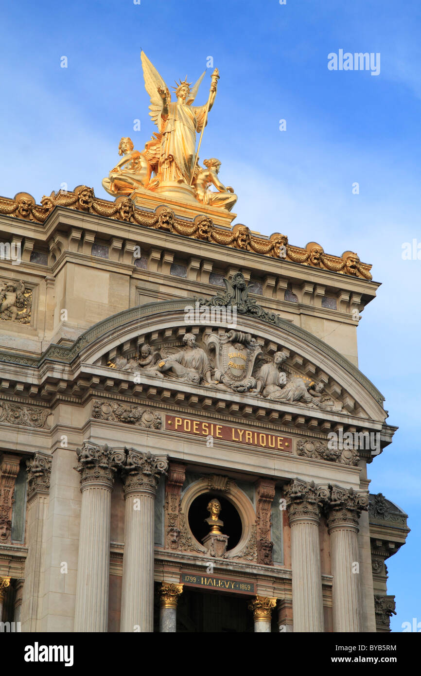 Main facade, Opéra de Paris, Palais Garnier, statue of the Allegory of Lyric Poetry and a bust of the composer Halevy Stock Photo