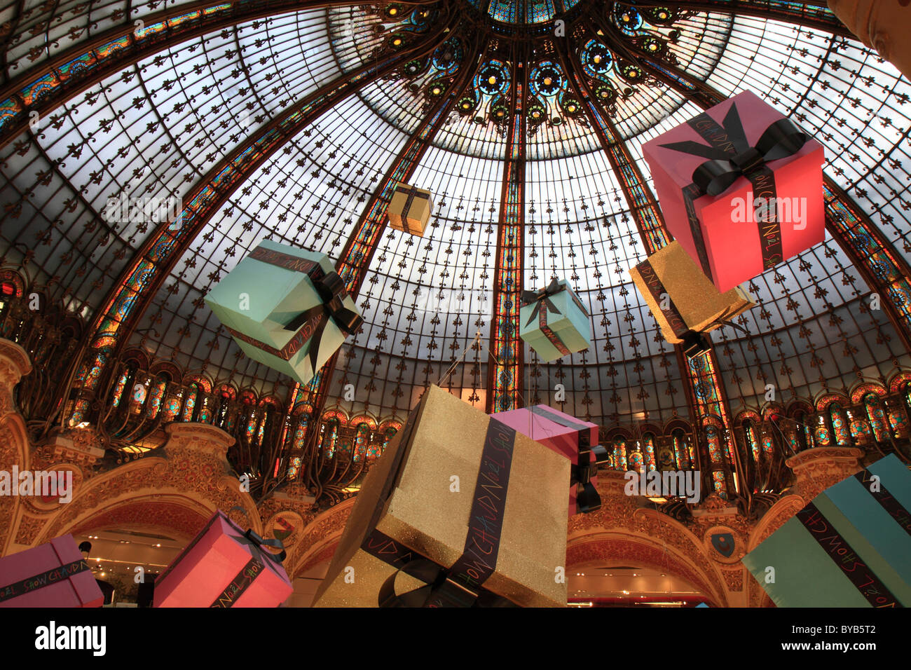 Art Nouveau dome of the Great Hall, with large gift packages, Galeries Lafayette department store, Paris, France, Europe Stock Photo
