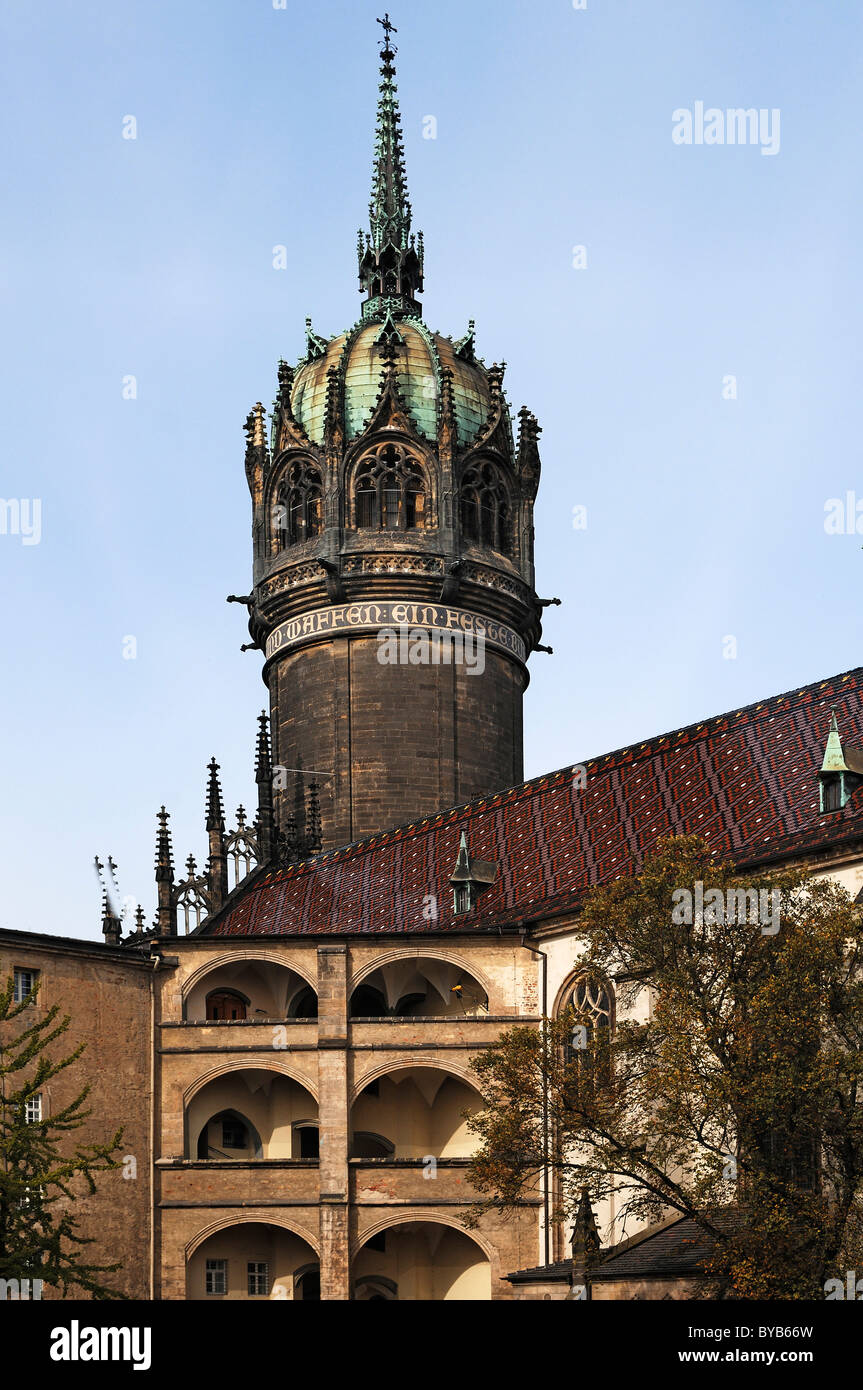 Spire, Gothic Revival style, 1892, Schlosskirche, castle church, Wittenberg, Luther quotation on tower 'A Mighty Fortress Is Our Stock Photo