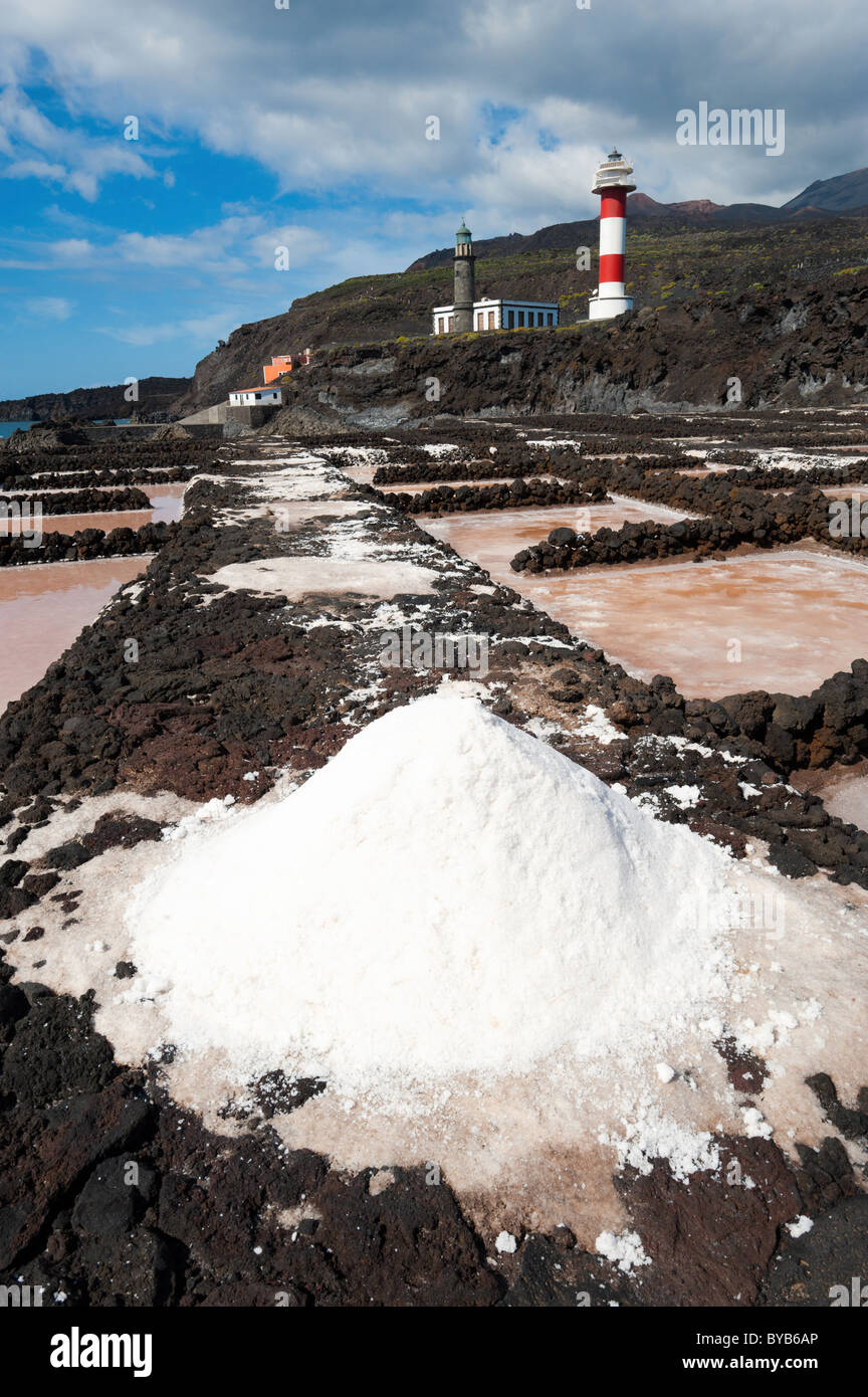 salt evaporation ponds and Lighthouses, Punto de Fuencaliente, La Palma, Canary islands, spain Stock Photo