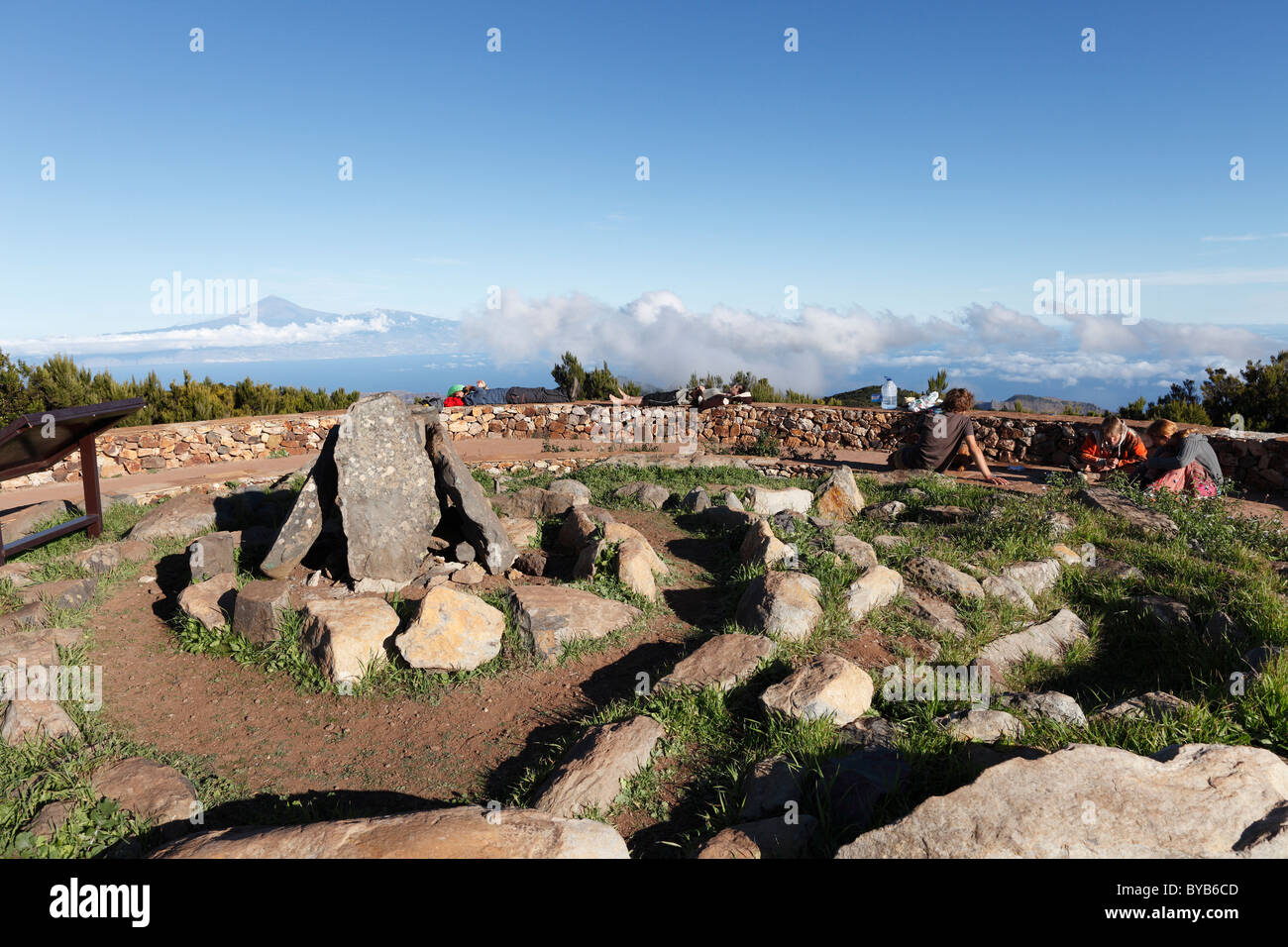 Reconstruction of a ceremonial site of the Guanches, aboriginal inhabitants of the , summit of Garajonay mountain Stock Photo