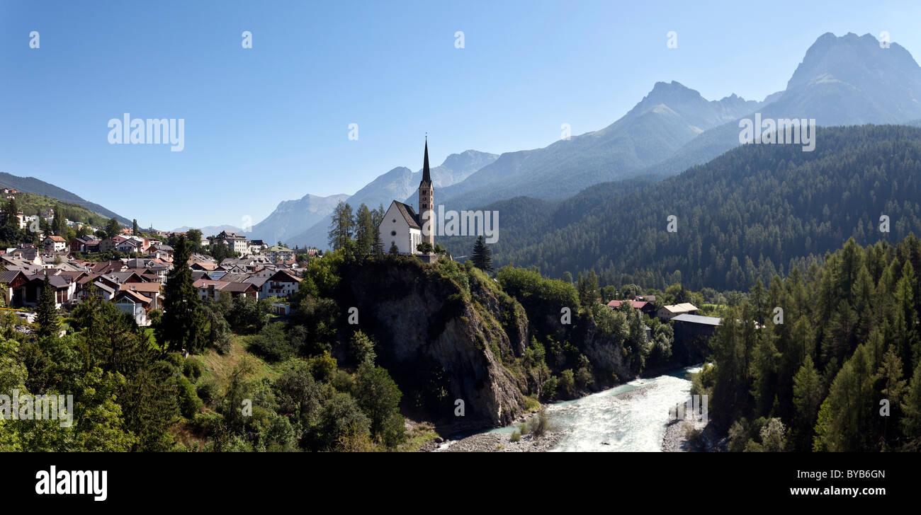 Inn Valley with views towards the Reformed Church in Scuol, Lower Engadine, Graubuenden or Grisons, Switzerland, Europe Stock Photo