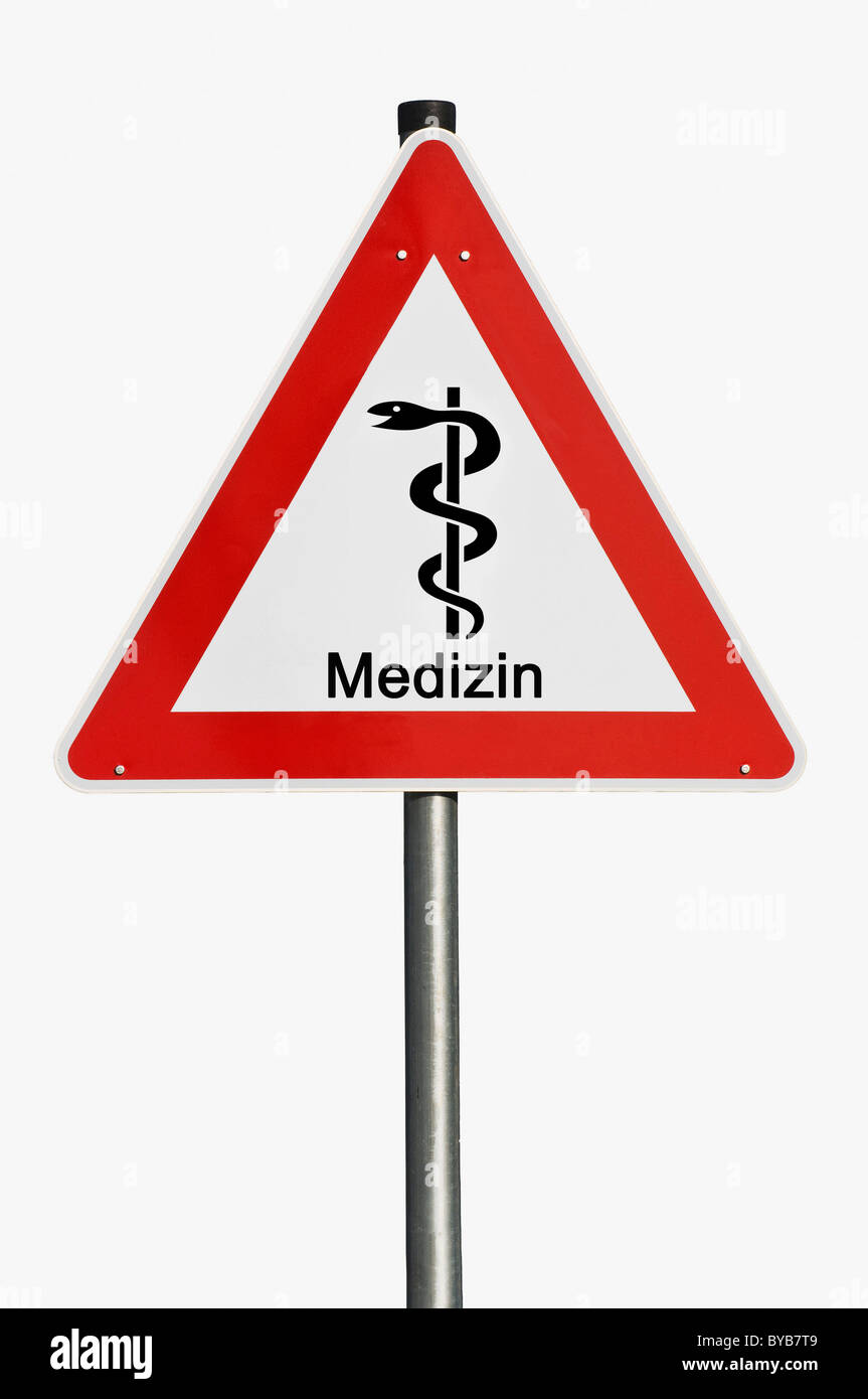 Danger sign, Medizin, German for medicine, staff of Aesculapius, risk, hazard, symbolic image for spiralling costs Stock Photo