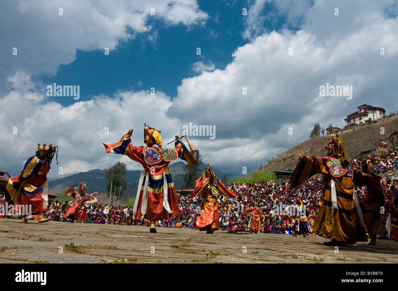Religious festival with male visitors and dances, Paro Tsechu, Bhutan, Asia Stock Photo
