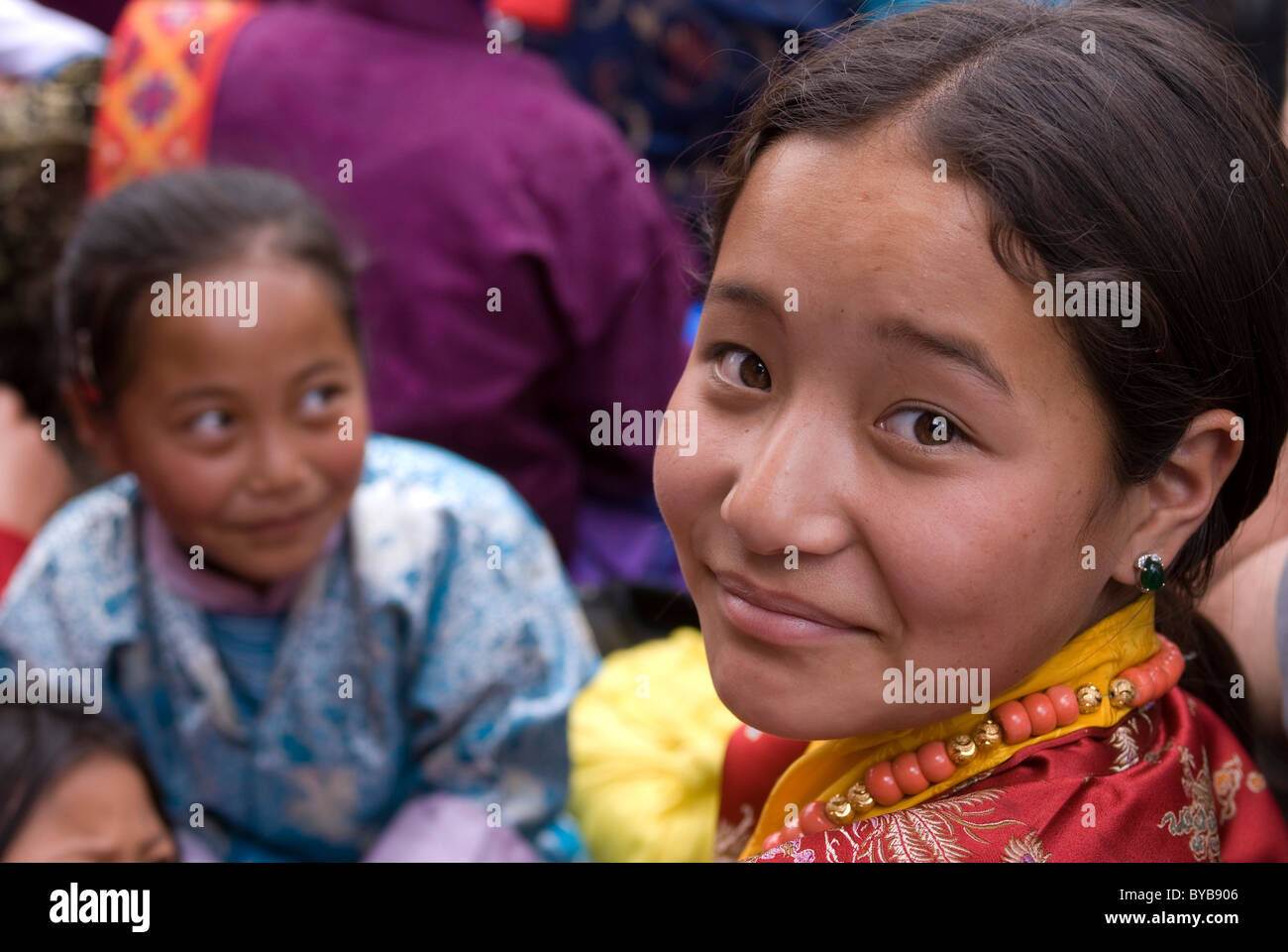 Young girls at Tsechu Paro, Bhutan, Asia Stock Photo
