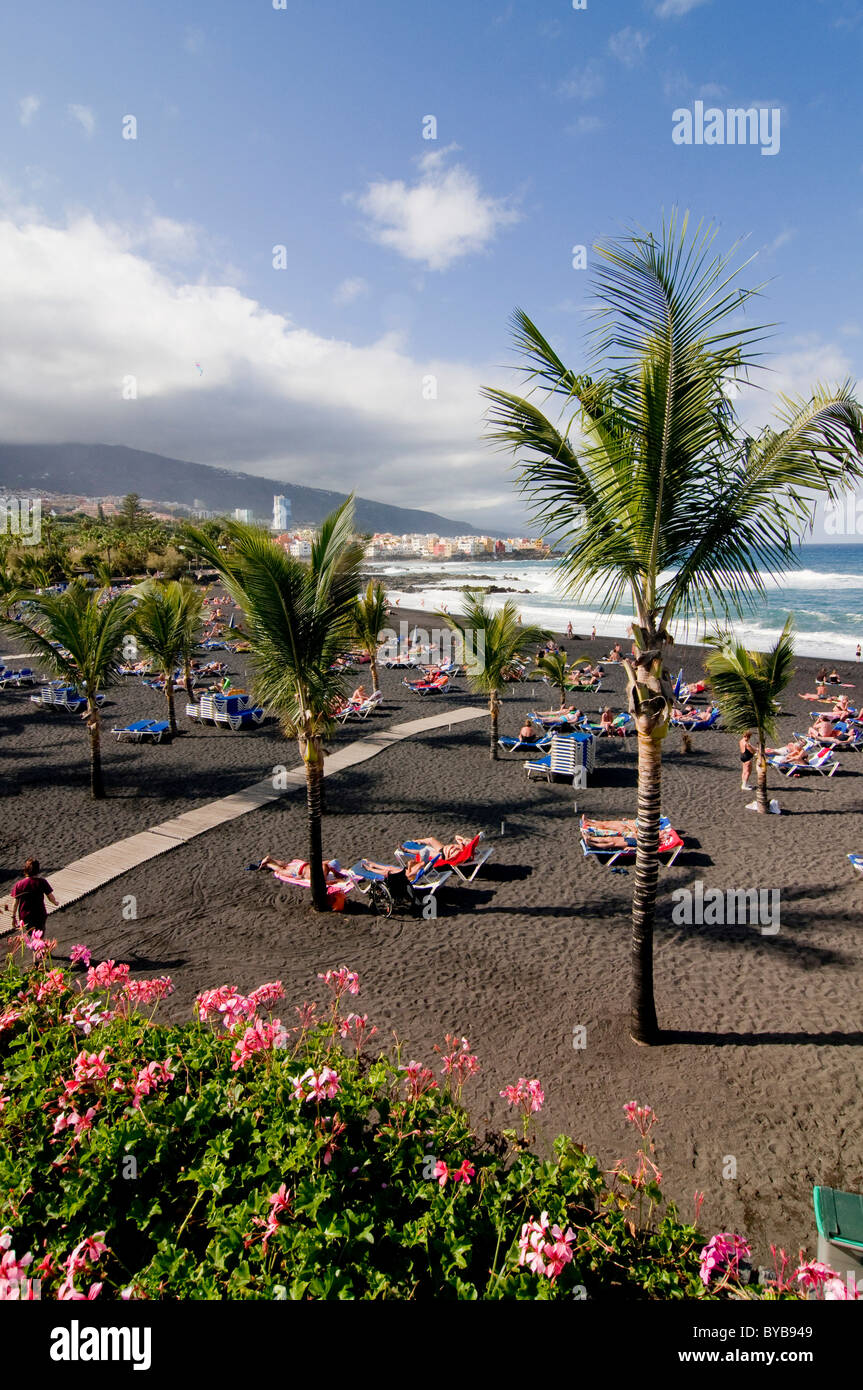 The volcanic beach of Puerto Cruz, Tenerife, Canary Islands, Spain, Europe Stock Photo