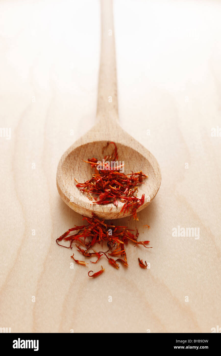 wooden spoon with saffron Stock Photo