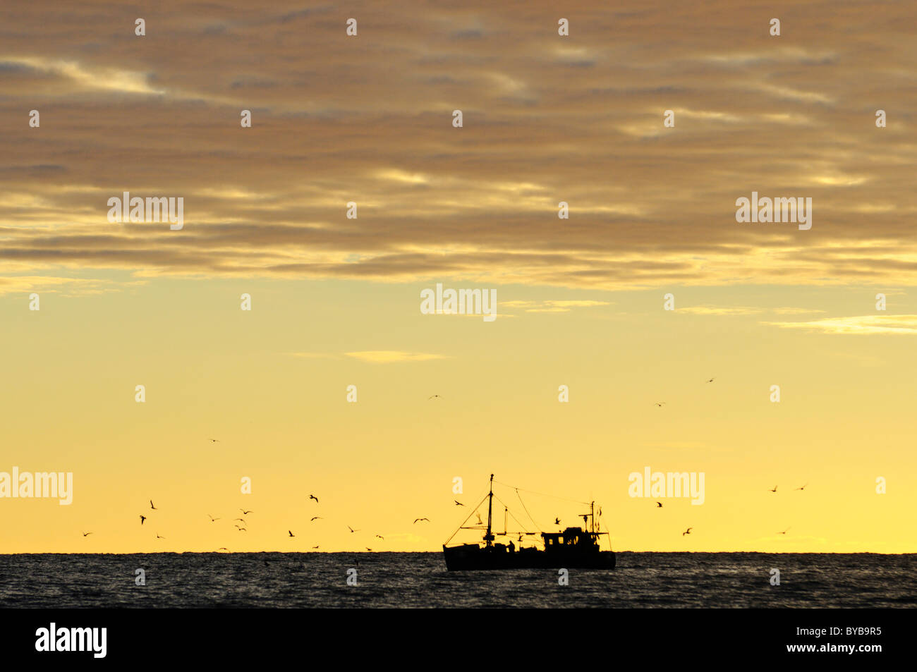Fishing boats at sunrise, Ruegen, Mecklenburg-Western Pomerania, Germany, Europe Stock Photo