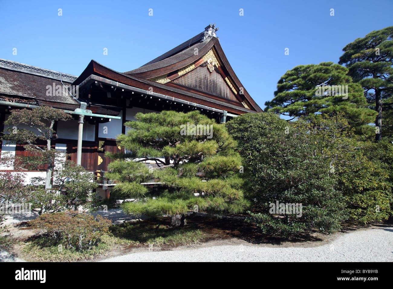 Bulding of Imperial Palace hidden by trees, Kyoto, Japan. Stock Photo
