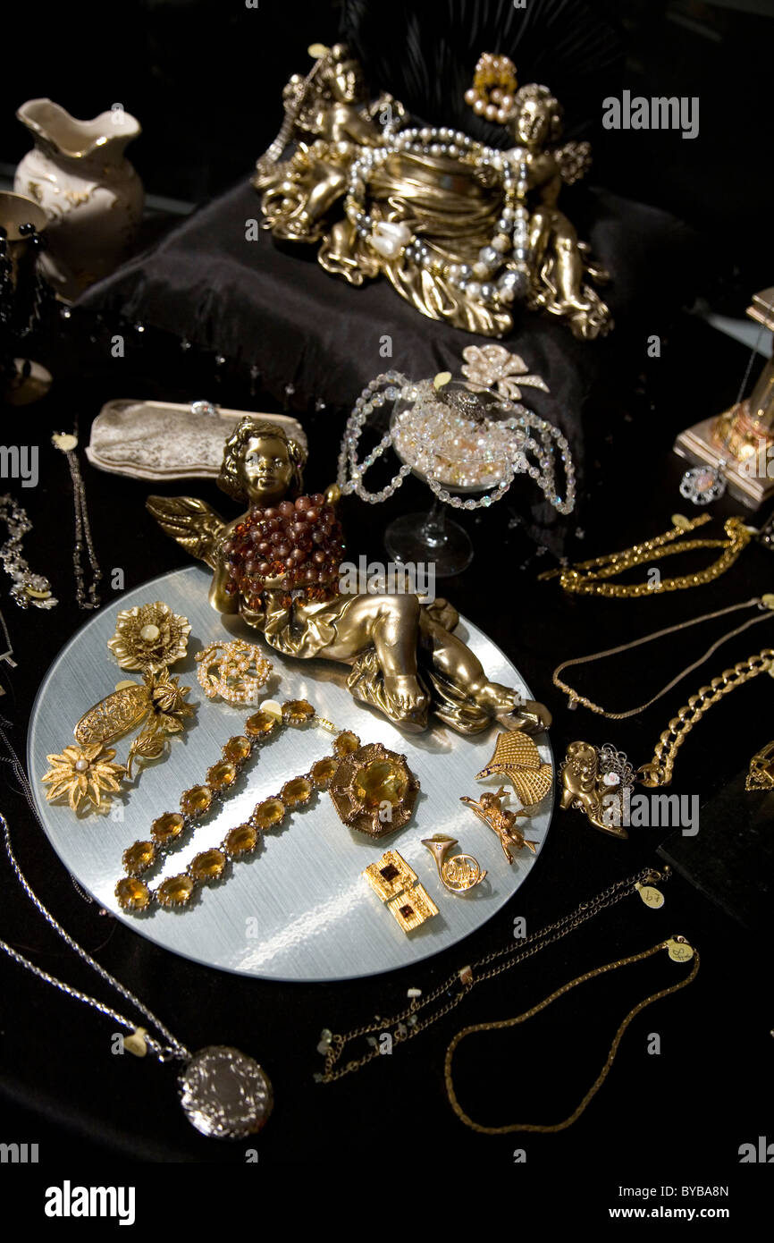 Costume jewelery in a vintage clothing store Stock Photo