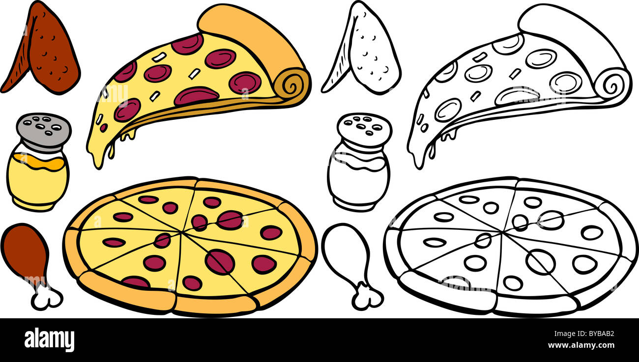 Cartoon image of a variety of different pizza and wings food items - both color and black / white versions Stock Photo - Alamy Cartoon image of a variety of different pizza and wings food items - both color and black / white versions Stock Photo - Alamy