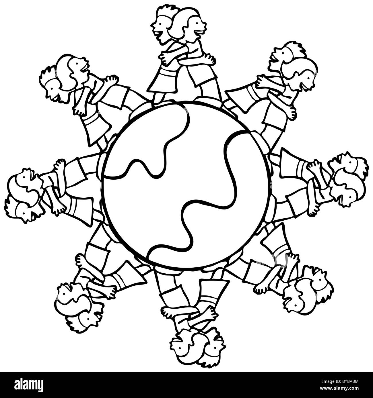 Globe with surrounding children hugging each other - black and white. Stock Photo