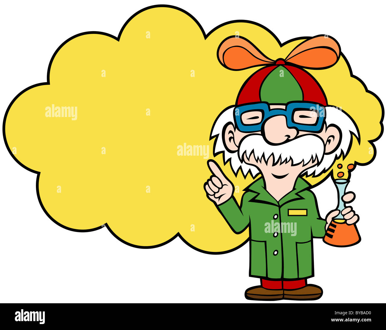 Cartoon of a scientist holding a flask and wearing a beanie with a