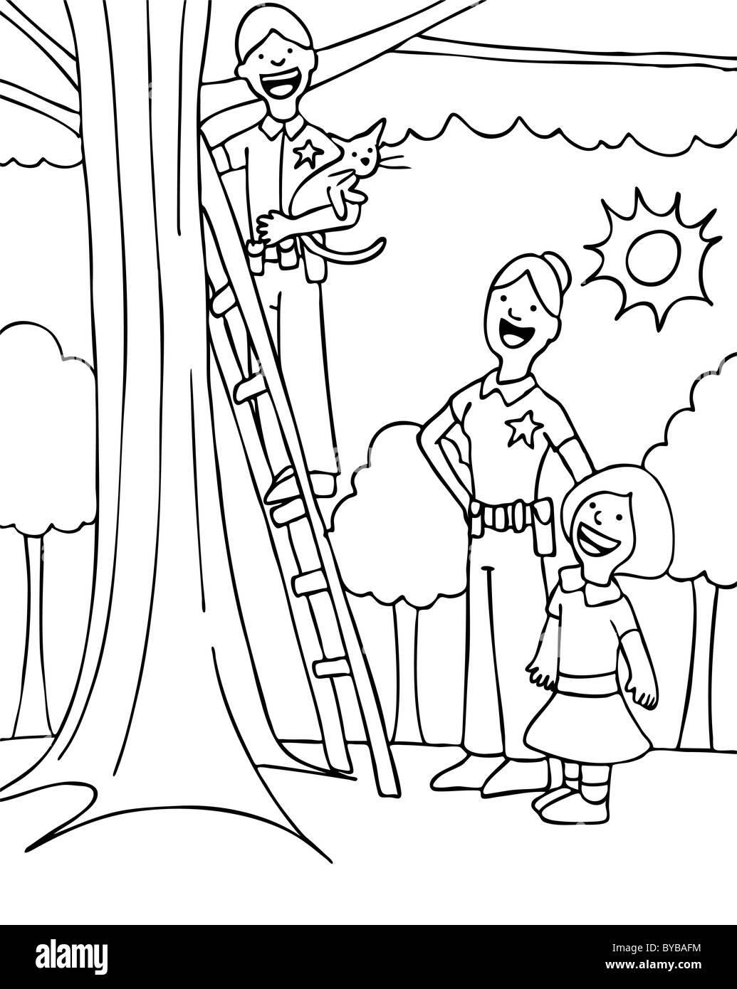 Officer rescues a cat from a tree for a little girl black and white