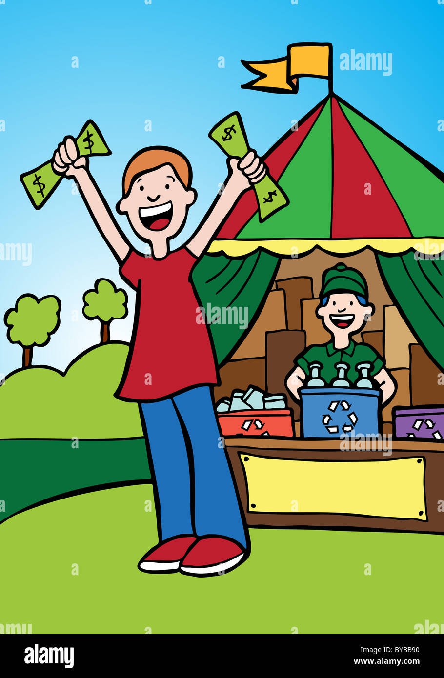 Cartoon image of a guy getting money for recycling. Stock Photo