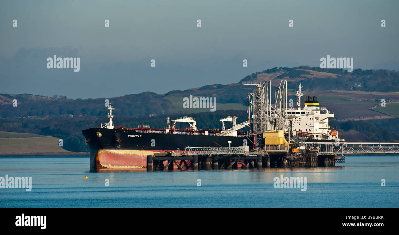 Oil Tanker at Hound point in the River Forth - taking on a cargo of crude oil. Stock Photo
