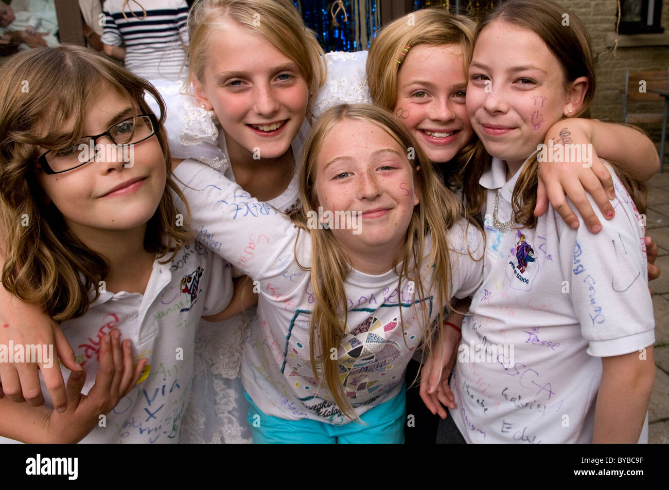 Portrait of a group of school girls at a school leavers party Stock Photo