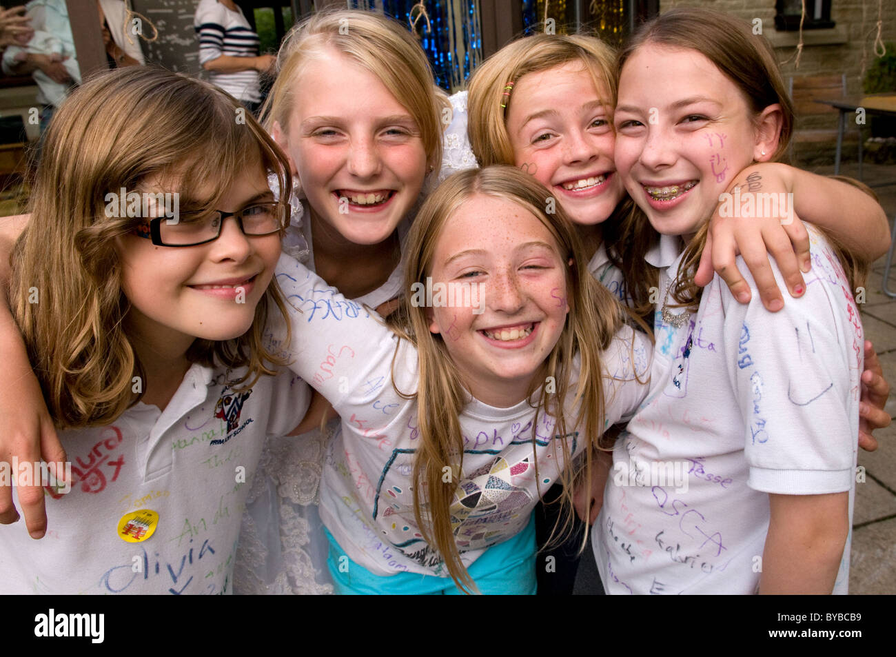Portrait of a group of school girls at a school leavers party Stock Photo