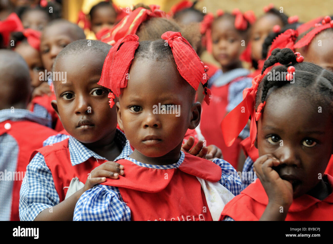 Children wearing school uniforms in a preschool in Leogane, Haiti, Caribbean, Central America Stock Photo