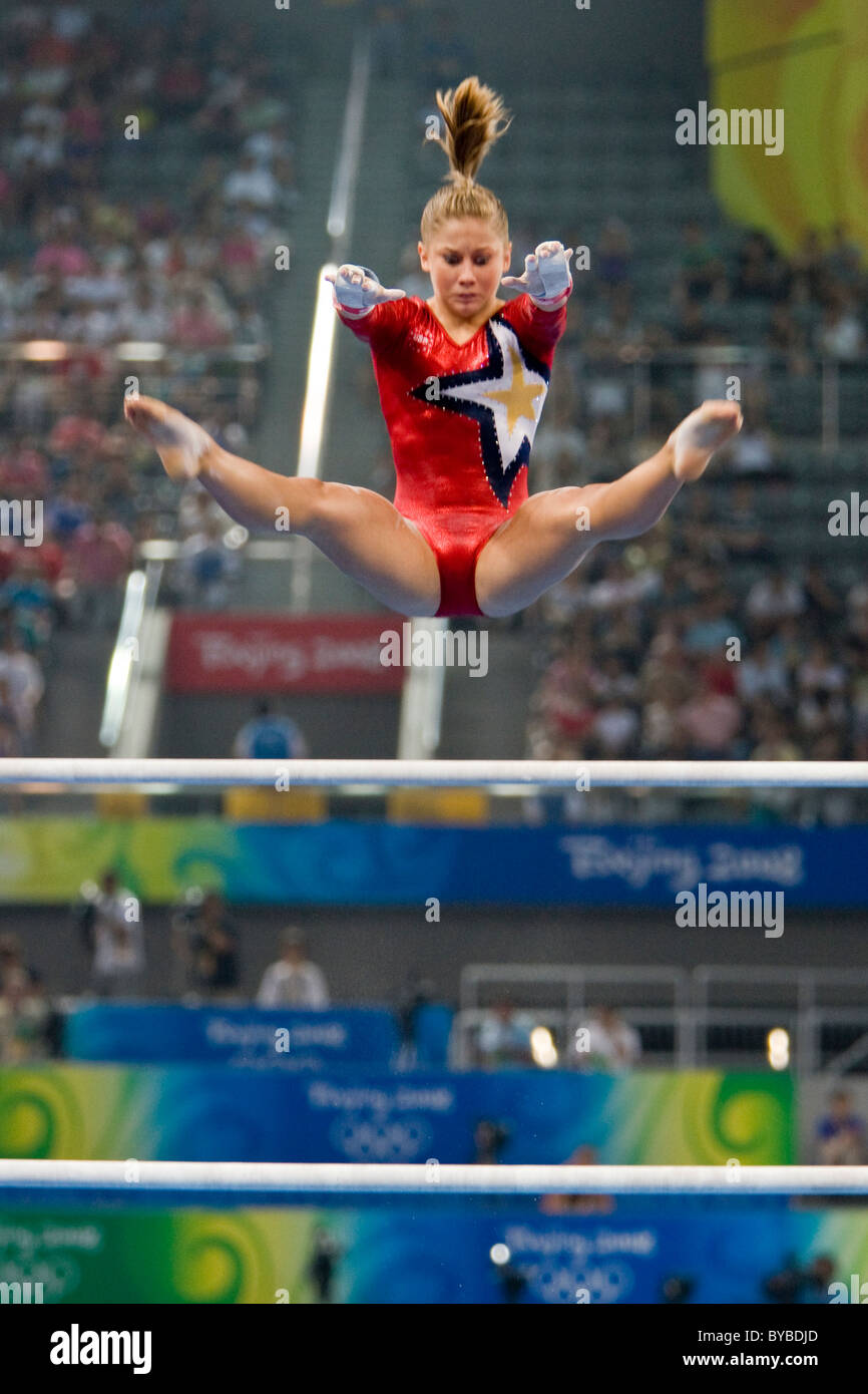 Shawn Johnson (USA) competing in the gymnastic qualification