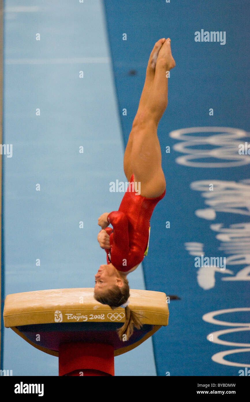 Shawn Johnson (USA) competing in the gymnastic qualification