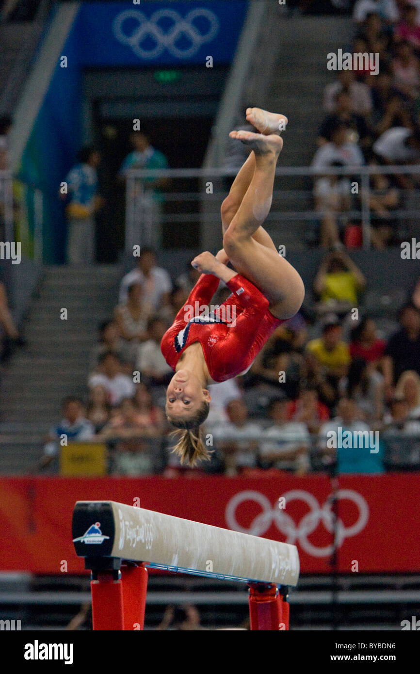 Shawn Johnson (USA) competing in the gymnastic qualification