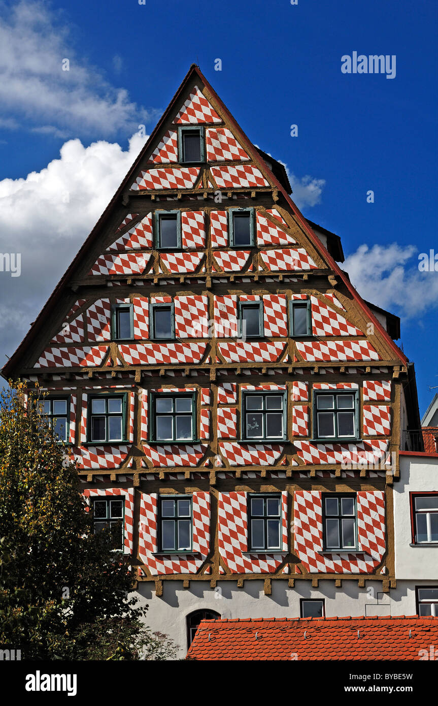 Old half-timbered house painted with red diamonds, as seen from the city wall, Ulm, Baden-Wuerttemberg, Germany, Europe Stock Photo