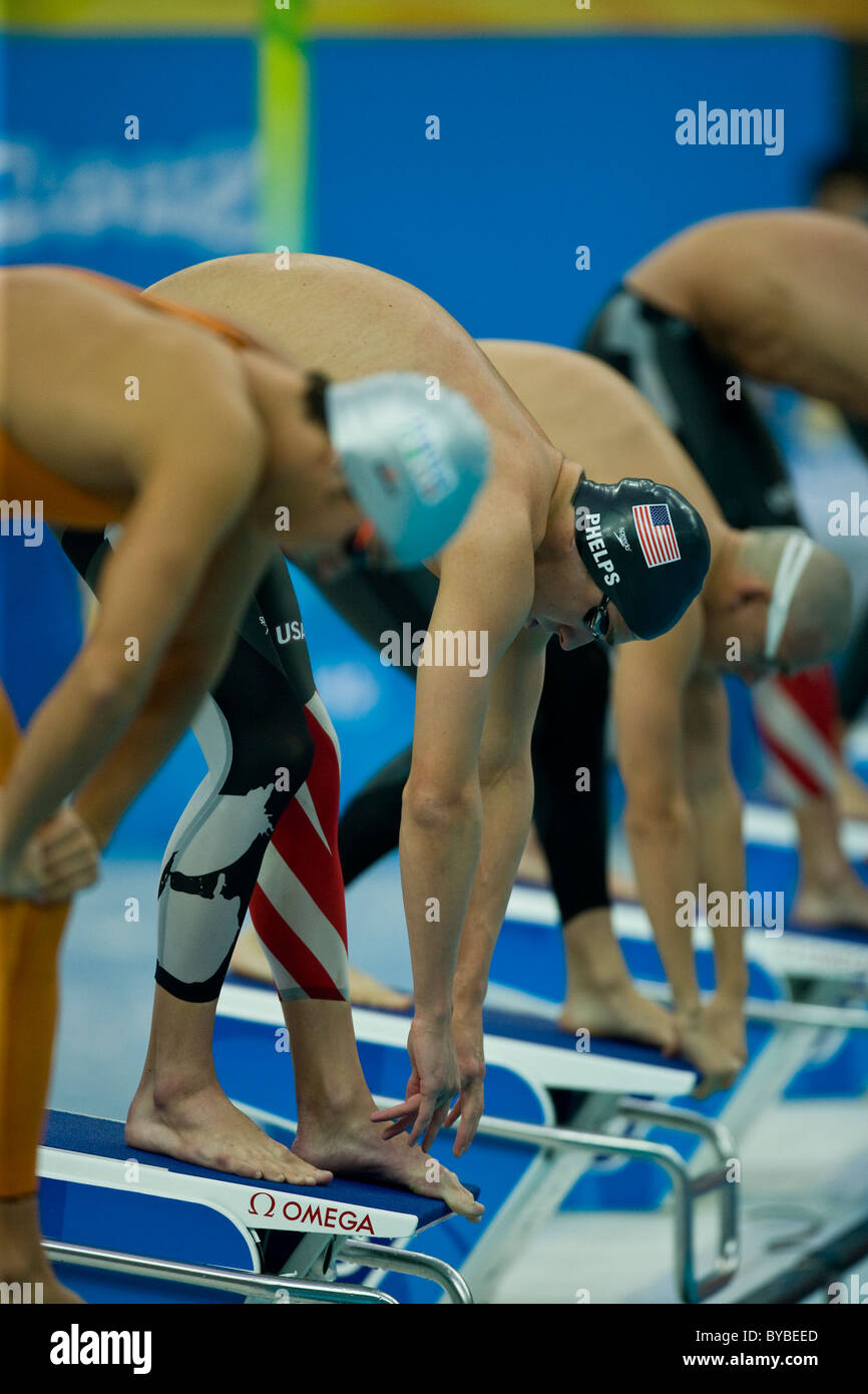 Michael Phelps (USA) at the start of the 400Im where he won the gold medal and broke the world record Stock Photo