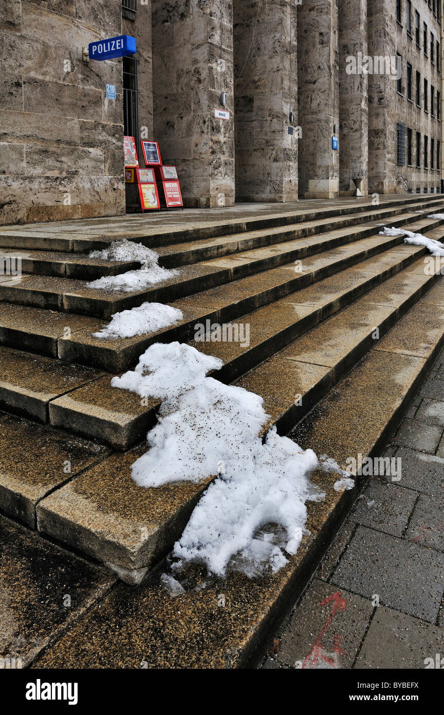 Stone staircase with patches of snow, Harlaching, Munich, Germany, Europe Stock Photo