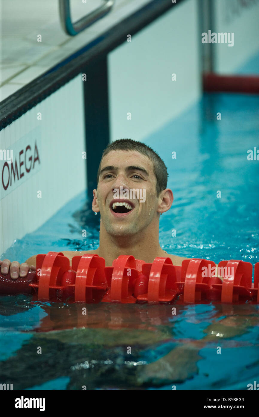 Michael Phelps (USA) after he won the gold medal and broke the world record in the 400IM swimming competition at the 2008 Olympi Stock Photo