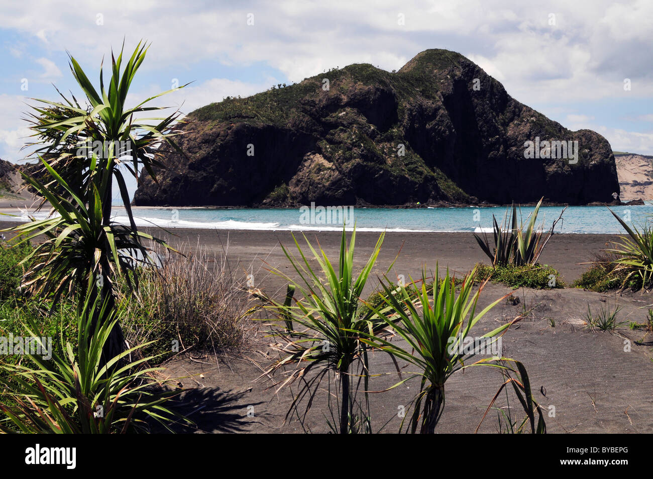Paratutai Rock at Whatipu in the Waitakere Ranges region of  West Auckland, New Zealand, by the Tasman Sea Stock Photo