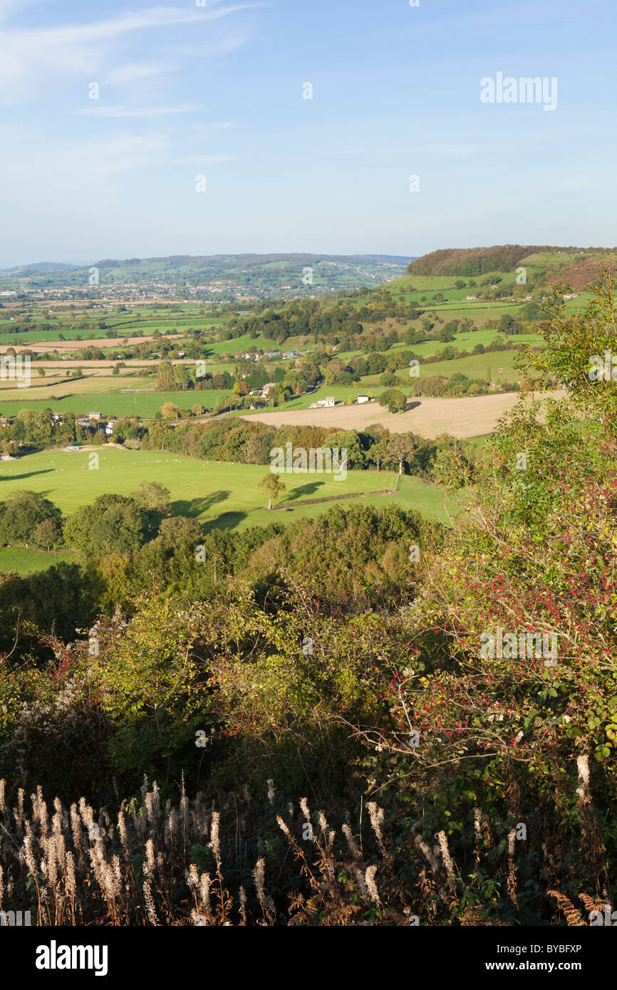 Looking northeast to the Cotswold scarp at Frocester Hill from the top of Cam Long Down, Gloucestershire Stock Photo