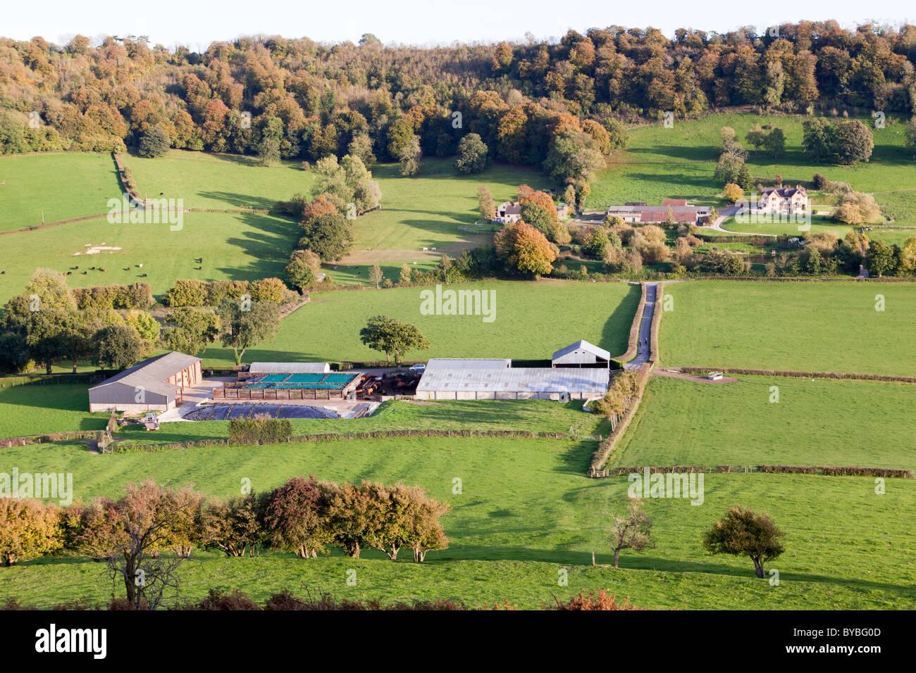 Springfield Farm beneath the Cotswold scarp at Uley Bury, viewed from Cam Long Down, Gloucestershire Stock Photo