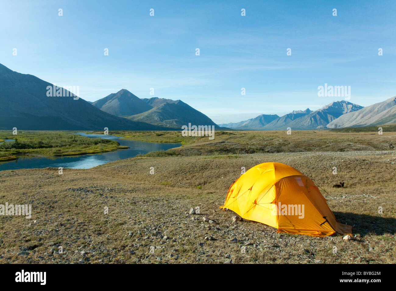 Expedition tent, arctic tundra, camping, Wind River and Mackenzie Mountains behind, Yukon Territory, Canada Stock Photo