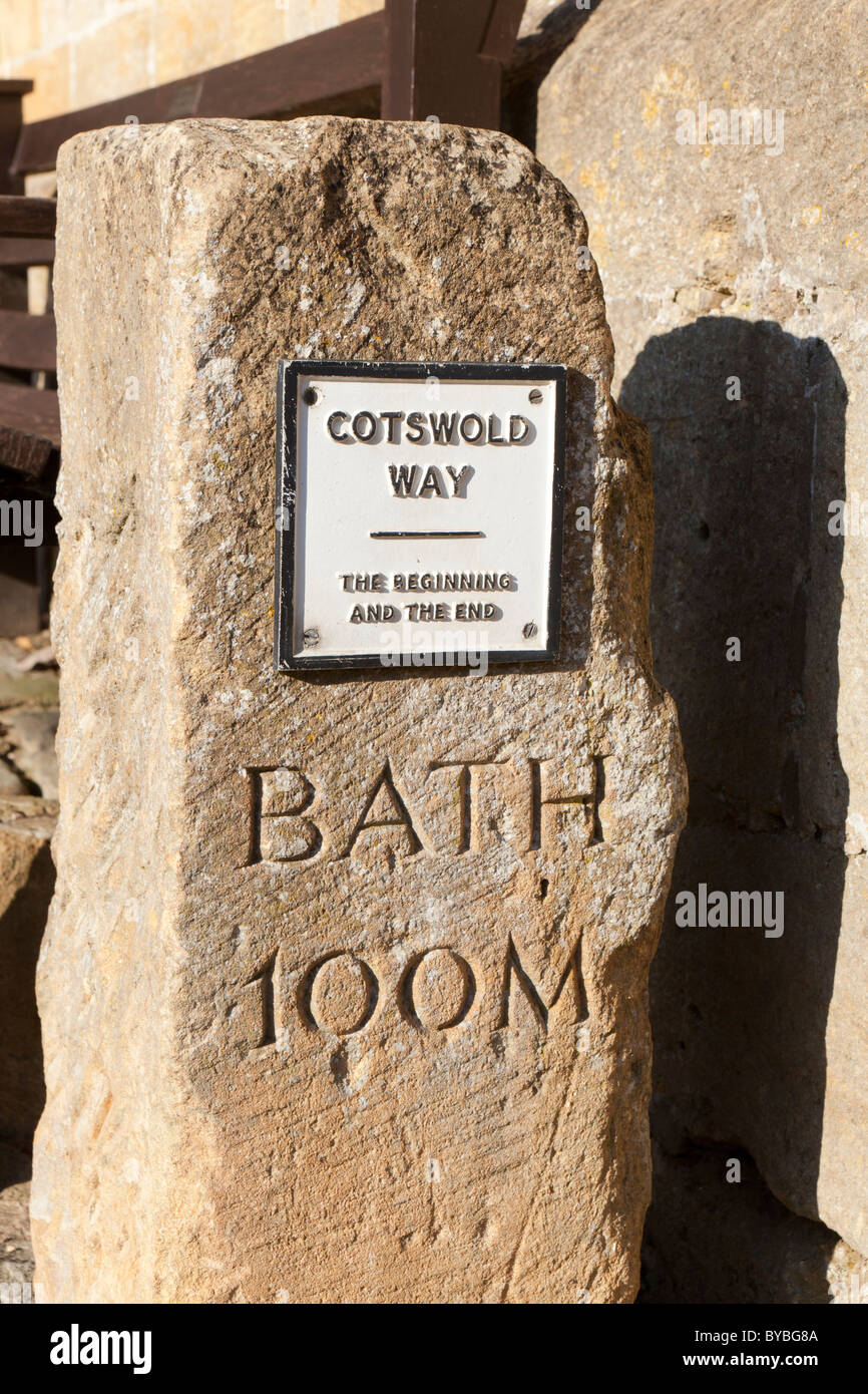 The Cotswold stone marker post at Chipping Campden, Gloucestershire marking the beginning and the end of the Cotswold Way. Stock Photo