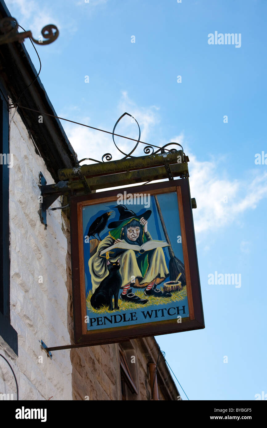 Pendle Witch Painted Pub Sign, Sabden, Lancashire, UK Stock Photo
