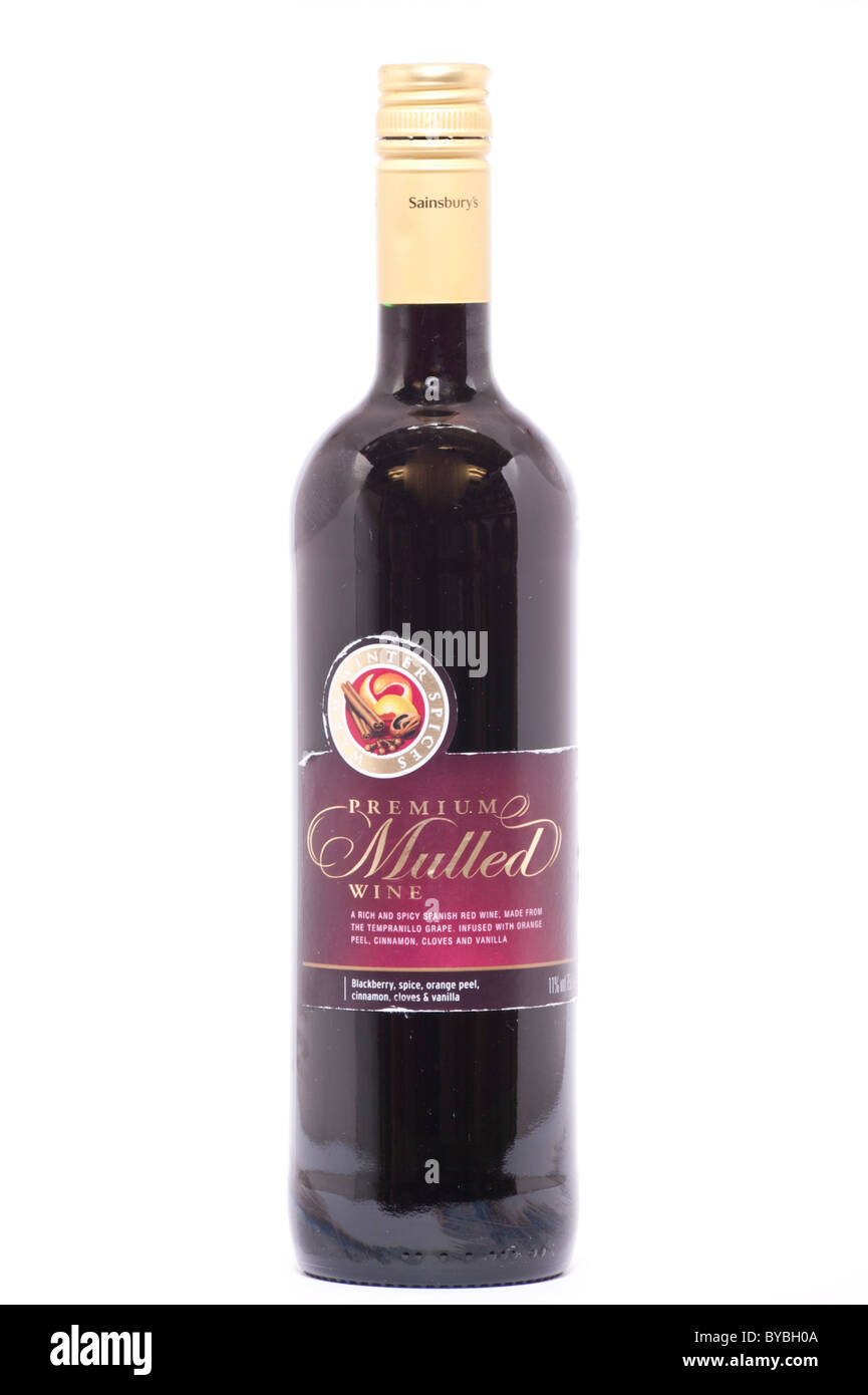 A bottle of Sainsburys premium mulled wine on a white background Stock Photo