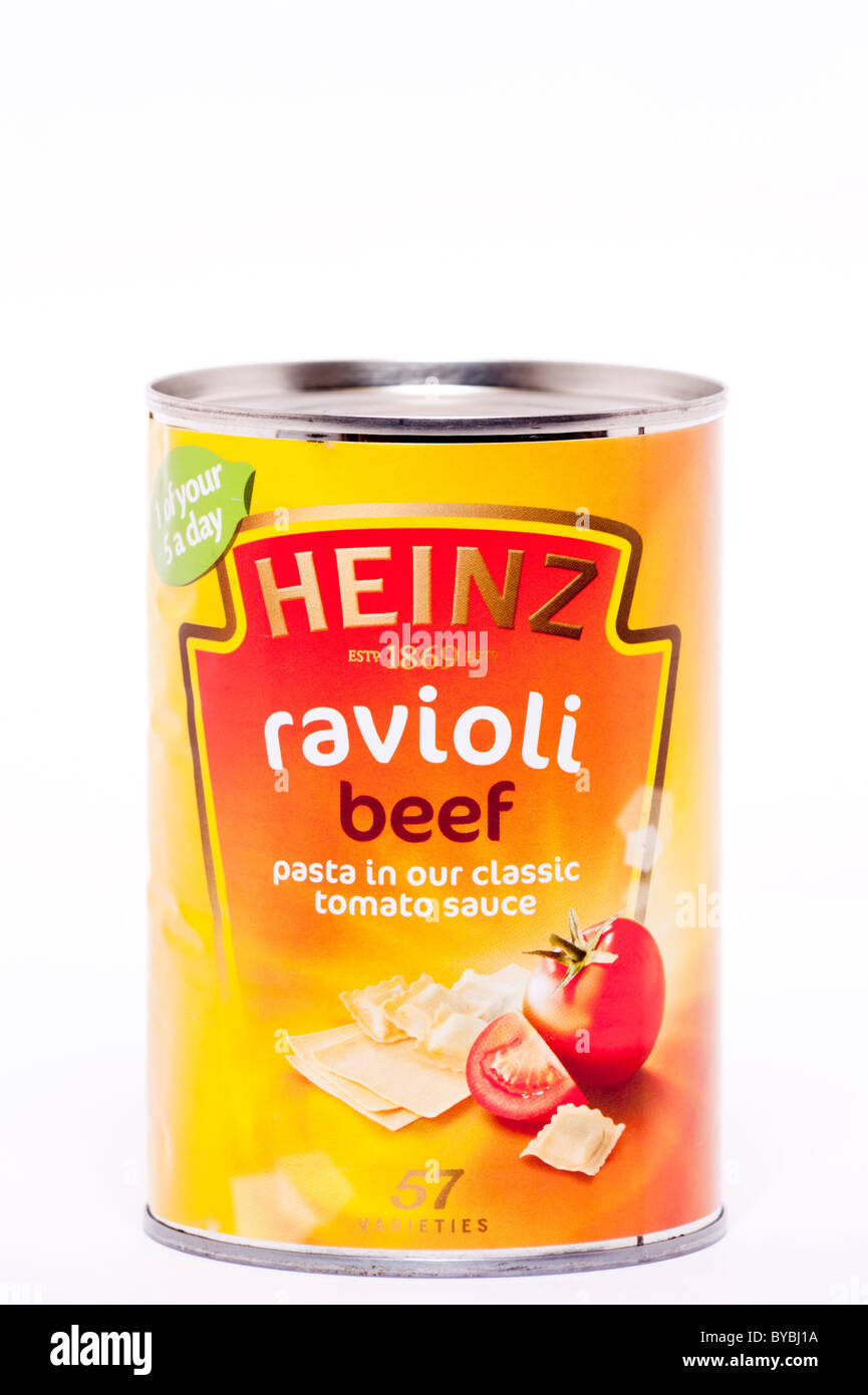 A tin of Heinz beef ravioli pasta in tomato sauce on a white background Stock Photo